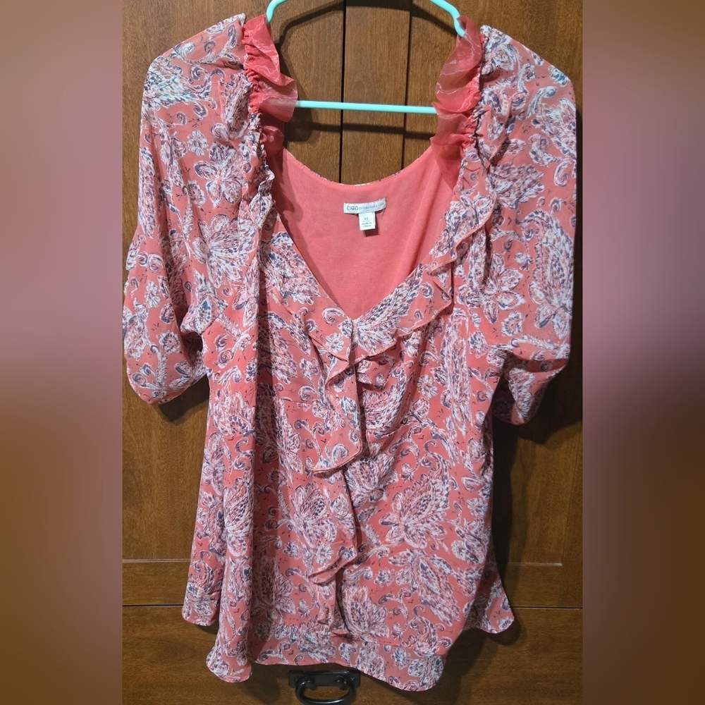 Cato Coral Paisley Ruffle Blouse
